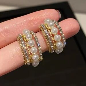 Anthropologie Gold Crystal Pearl Hoop Earrings